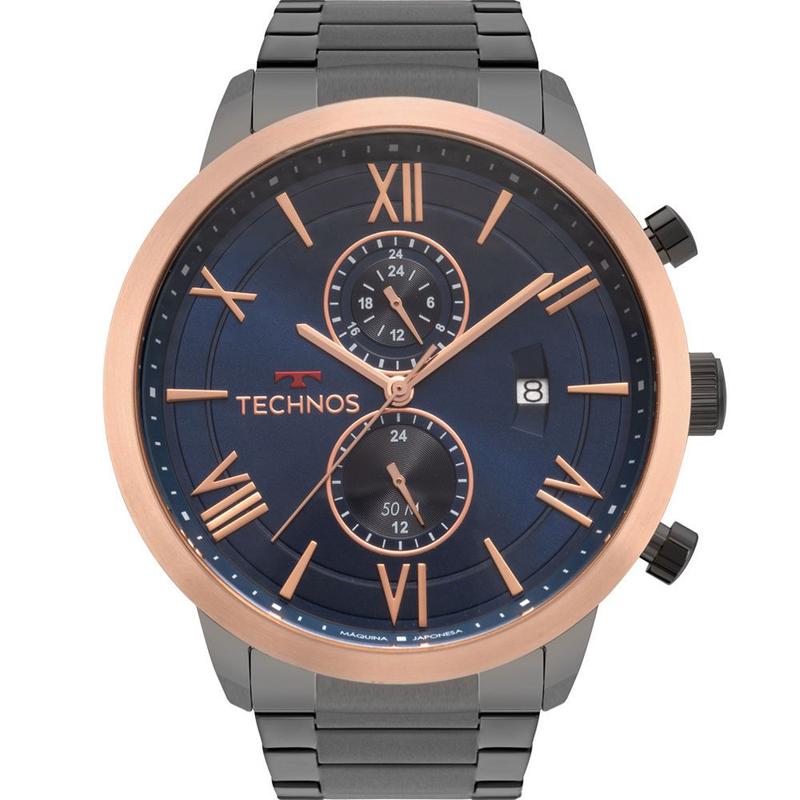Relogio Technos Masculino esportivo cinza e cobre com algarismos
